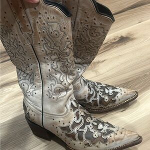 J.B. Dillon Cream and Brown Embroidered Western Cowboy Boots